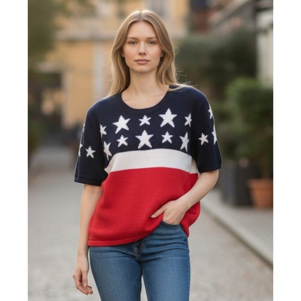 Vintage Christopher & Banks Sweater Short Sleeve Flag Patriotic Womens Size S
